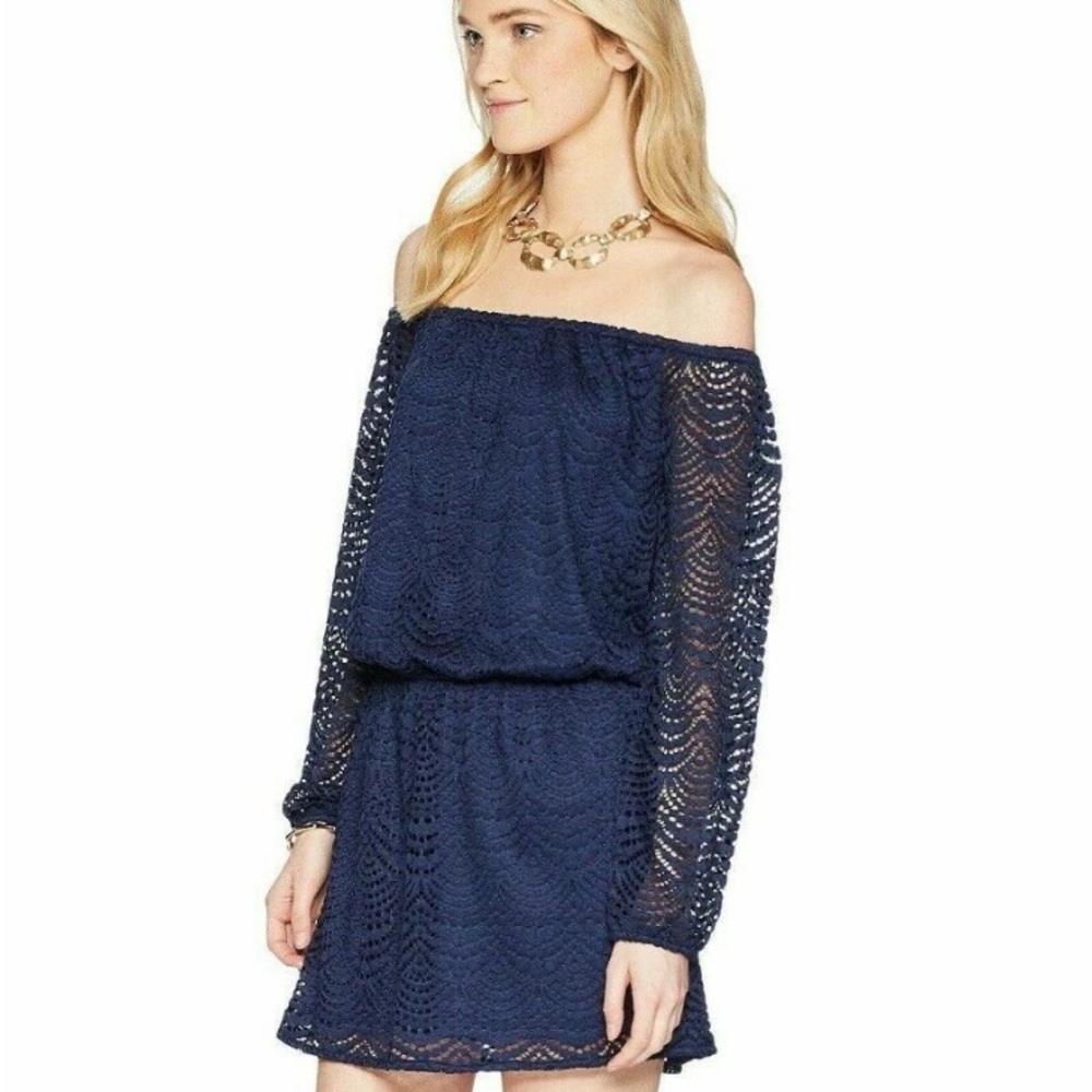 Lilly Pulitzer XL off the shoulder Navy romper with mini skirt overlay like new